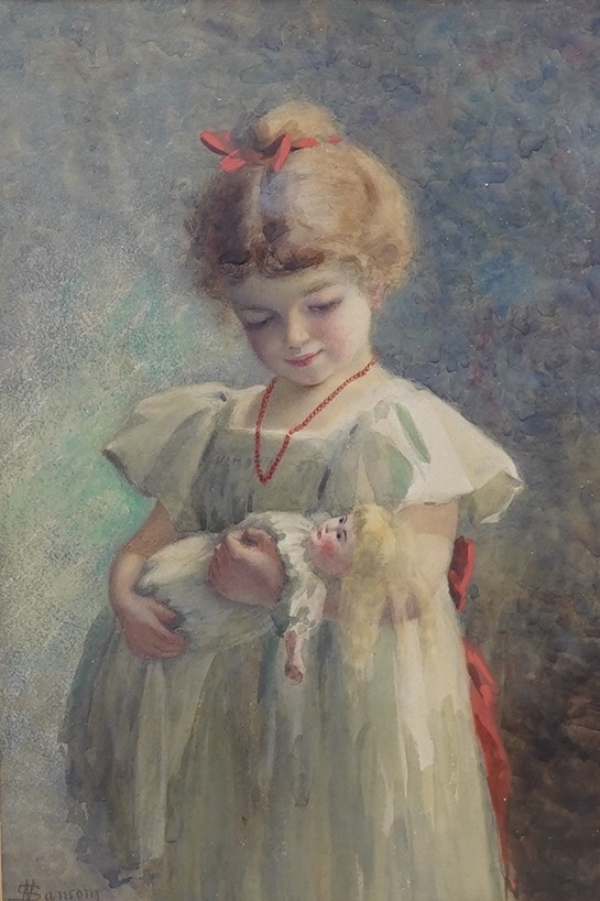 N Sanson, watercolour, Study of a young girl holding a doll, signed, 36 x 23cm. Condition - fair to good